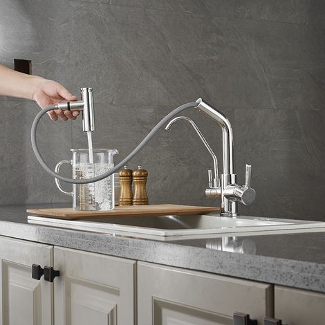 Robinet 3 Voies Cuisine Douchette Mitigeur Évier Avec 2 Becs Mitigeur Cuisine Pivotant 360 °,(Chrome) (1/4)