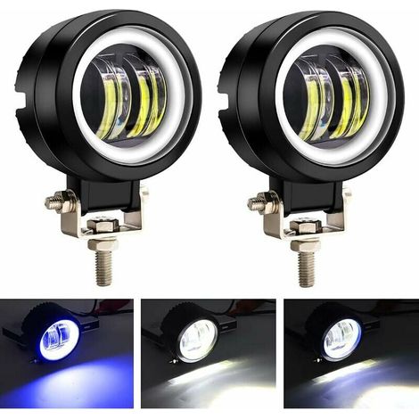 RHG 2PCS 20W Phares Avant pour Moto avec Blanc Angel Eye,3” Rond Feux LED Antibrouillard 12V 24V Feu Additionnel Moto Phare supplémentaire pour Moto 4x4 Suv Atv Tracteur