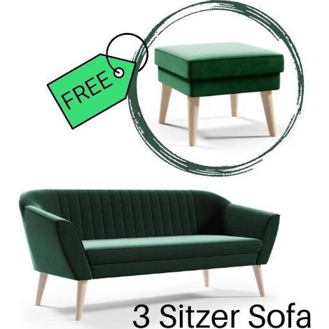 3 Sitzer Sofa mit Beinen skandinavisches Sofa grün HOCKER GRATIS (1/5)