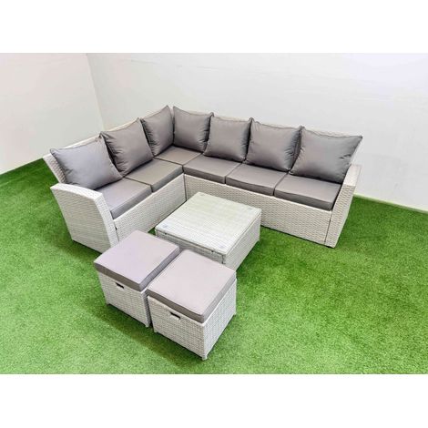 Fimous Outdoor Rattan Garden Furniture Set 8 Seater Corner Sofa Sets with Square Coffee Table 2 Small Footstools Light Grey Mixed (1/5)