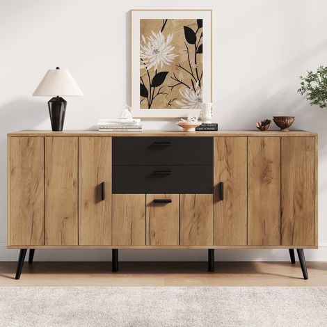 Buffet moderne 2 tiroirs 3 portes, 140x35x67 cm, MDF, noir et bois, pour salon et salle à manger (1/5)