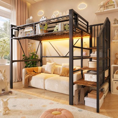 Etagenbett 90/200 cm in nero con LED, ripiani a gradini e spazio aperto (1/5)