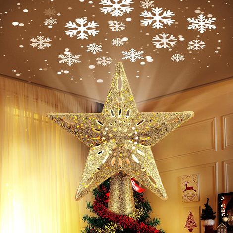 Pointe de sapin de Noël en forme d'étoile avec projecteur de flocons de neige,Pointe de sapin pentagramme ajourée, décoration lumineuse à brancher pour sapin de Noël (1/5)