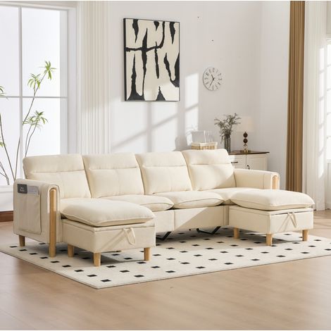 Sofá modular en U de 4 plazas con 2 pufs de almacenaje, chenilla beige, 261 x 77 x 86 cm DESVIAE