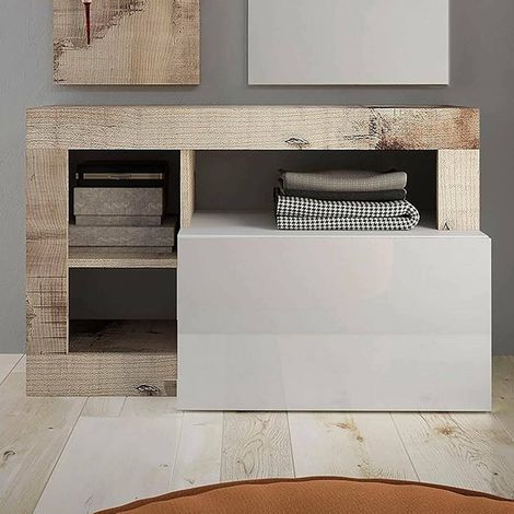 Dmora - Schuhschrank Adonide, Schuhregal, Mehrzweck-Eingangsgarderobe, Möbel für Schuhe, Made in Italy, 91x35 h58 cm, Glänzendes Weiß und Akazie (1/5)