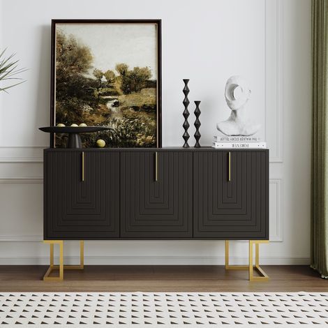 Buffet Scandinave 138 cm, 3 portes avec étagères réglables, porte en U, poignées en métal, pour salle à manger et cuisine, Noir (1/5)