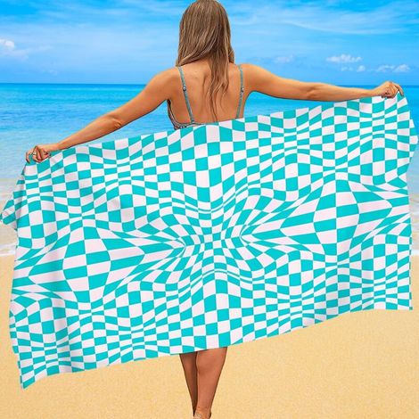 Serviette de plage microfibre, imprimé carreaux, légère, absorbante (1/5)