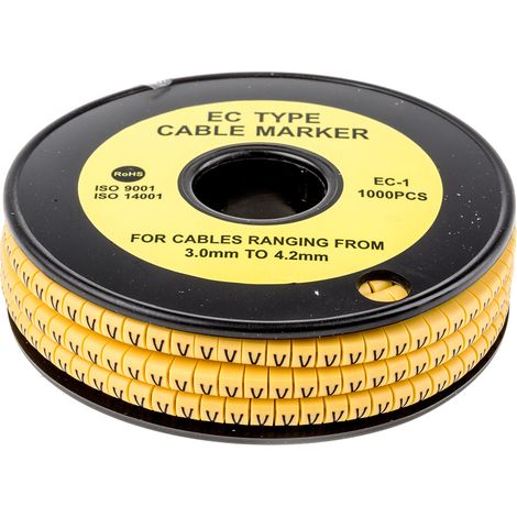 Repère câble , Ø câble 3  4.2mm, texte : V, Noir sur Jaune ( Prix pour Bobine de 1000 )