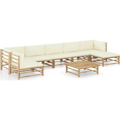 Salon de jardin 8 pcs Ensemble Table et Chaise de Jardin - avec coussins blanc crème Bambou BV949089 - BonneVie (1/5)