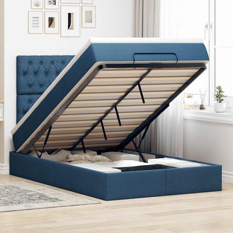 Cadre de lit ottoman avec matelas bleu 120x190 cm tissu (1/5)