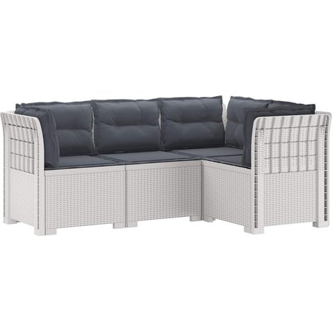 Canapé de Jardin Modulaire 4 Places en PP Aspect Rotin Blanc avec Coussins Gris Clair - PANGIVO (1/5)