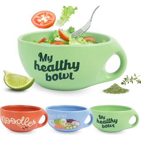 Bol salade verte "My Healthy Bowl". Grand bol petit-déjeuner original. Saladier en céramique 680 ml pour soupe, muesli ou salade. 19,5 cm x 8,5 cm (1/5)