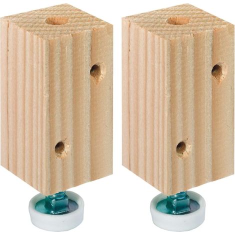Set mit 2 verstellbaren Möbelfüßen – Stahlspindel mit weißer Kappe – Höhe 55 mm – Holzblock 34 x 34 x 42 mm (1/2)