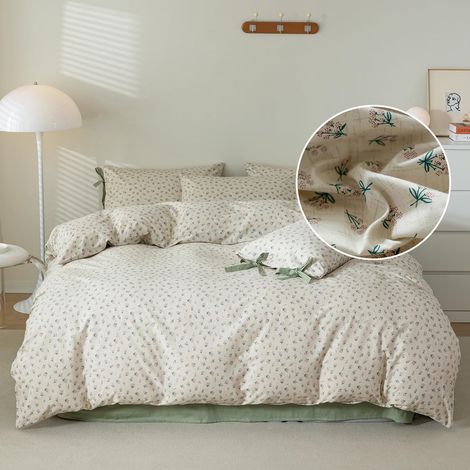 Housse de Couette Style Vintage pour Grand lit, 100% Coton, imprimé Floral Vert, Parure de lit avec 2 taies d'oreiller à nœud Papillon (1/5)