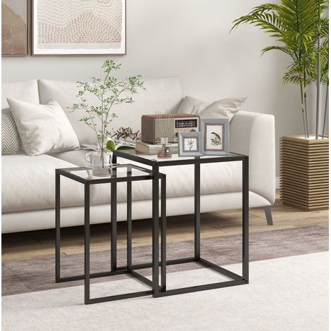 Set di 2 tavolini da salotto impilabili 42x42x51 cm e 33x33x45,5 cm nero vetro/acciaio MEUBLIV (1/5)