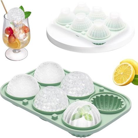 Moule à glaçons rond en silicone avec couvercle et entonnoir, 6 grands compartiments pour boules de glace, réutilisable pour whisky, cocktails et jus, vert (1/5)