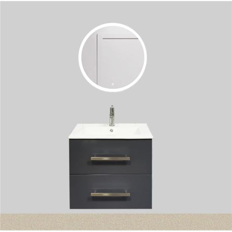 Meuble salle de bain suspendu 80 cm gris laqué avec vasque lavabo et plan céramique, meuble sous vasque 2 tiroirs avec rangement moderne (1/5)