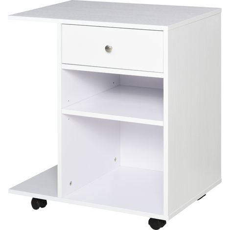 Mobiletto per Stampante in Legno con 4 Ruote, Mensola Regolabile e Piano per CPU, Bianco