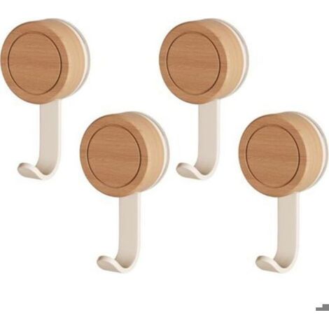 Crochet Ventouse Salle de Bain, 4 Crochet Adhesif Mural en Bois, Douche Accroche 3KG, Réutilisables Crochets Adhesifs Muraux (1/5)