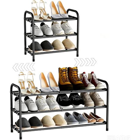 Étagère à Chaussures 3 Niveaux, Rangement Chaussure Extensible, Meuble a Chaussure Métal Réglable de 45 à 80 cm, pour Entrée, Couloir, Garage, Placard, Noir (1/5)