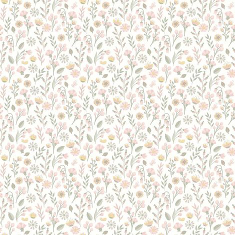 Papier peint fleuri prairie pastel fond blanc