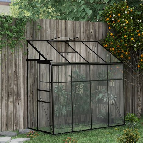 Serre adossée. serre de jardin polycarbonate. avec porte coulissante. évent de toit. fondation. 127 x 253 x 240 cm noir