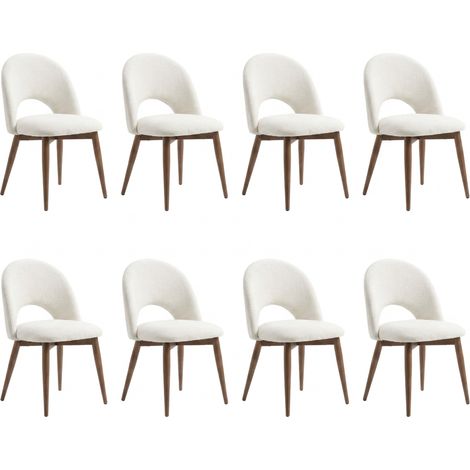 Lot de 8 chaises de salle à manger Houda - Tissu Chenille Déperlant Blanc Cassé / Pieds finition Noyer (1/5)