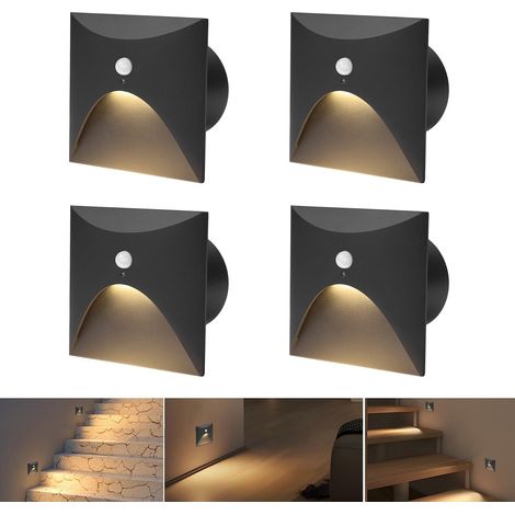Applique murale 4 LED Blanc chaud 3000K Aluminium Lumière d'escalier 230V Rond Spot encastré 3W IP44 Etanche Intérieur Extérieur Noir Lumière de marche, avec boîte d'encastrement