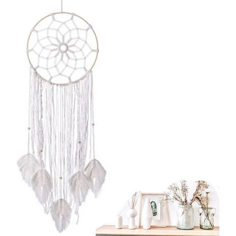 Attrape-rêves en plumes tissées, grand format, à suspendre au mur, fait main, avec pompons, décoration intérieure, ornement, cadeau artisanal (1/4)