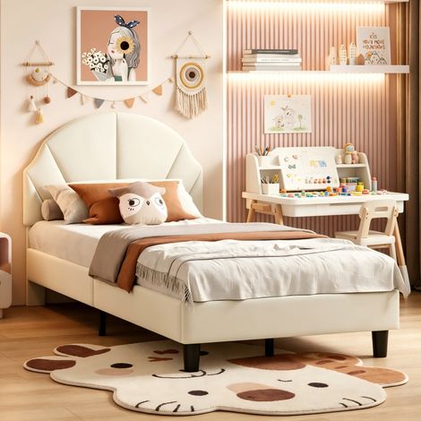 Lit Filles rembourré,lit princesse enfant 90x190 Lit simple,Cadre de lit d'Enfant et d'Ado, tête de lit et réglable en Hauteur,Beige, Velours, MDF, sans matelas (1/5)