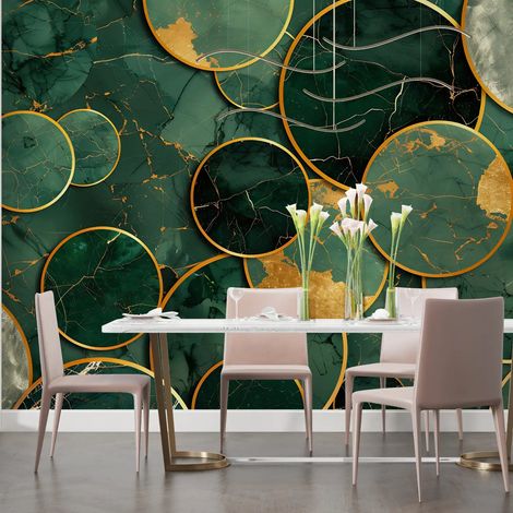 Papier peint geometrique cercles marbres en vert et or 1 - 150 x 250 cm (1/2)