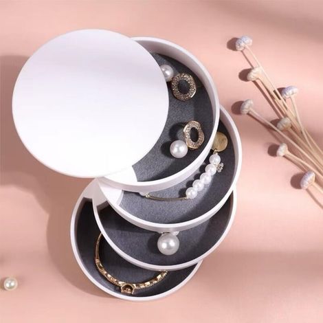 Organisateur de Bijoux, Plateau Rotatif Portable 4 Couches pour Boucles d'Oreilles, Colliers, Bracelets, Bagues, 2.5 x 10 x 10.5 cm, Blanc pour Voyage et Décoration de Coiffeuse