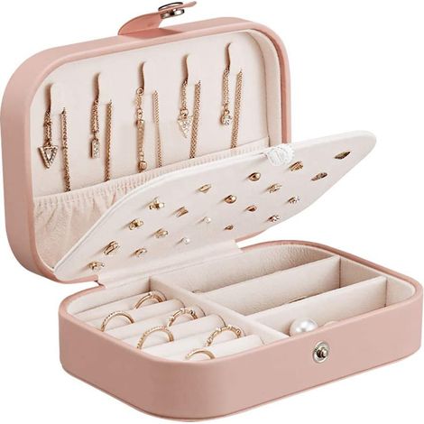 Bote à bijoux - Bote à bijoux de voyage portable, petit organisateur de bijoux à deux couches, étui de rangement en cuir synthétique pour bague, collier, boucle d'oreille (1/3)