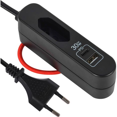 Caricatore Portatile 30W, Power Delivery con 2 USB (1 Tipo A + 1 Tipo C Protocollo PPS: Max. 30W), Prolunga Elettrica 1.5M,