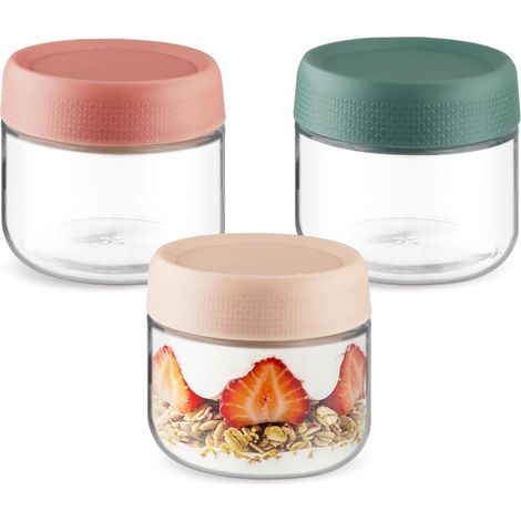 Bocaux en verre transparents vides avec couvercles hermétiques, idéaux pour les flocons d'avoine, les yaourts, les en-cas, les épices, le sucre, la confiture et plus encore (3 pièces, couleurs différe (1/4)