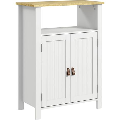 Meuble bas de salle de bain multi-rangements grande niche placard double porte blanc et naturel