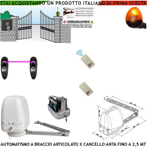 CANCELLO ELETTRICO KIT MOTORE A BRACCIO ARTICOLATO 220/24 V ANTA BATTENTE DA 0,5 A 2,5 MT CENTRALE RADIOCOMANDI FARO SELETTORE FOTOCELLULE (1/4)