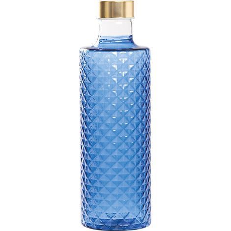 Isolano Bottiglia di design in vetro borosilicato soffiato a mano con lavorazione diamantata, colore bluino, completa di doppio tappo decorativo