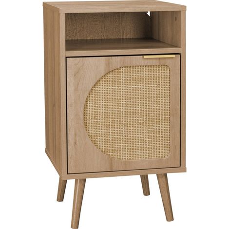 sweeek - Nachttisch mit Holzdekor und abgerundetem Rattan-Geflecht (1/5)