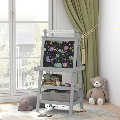 Cavalletto da gioco 3 in 1 per bambini con lavagna magnetica, lavagna a gesso, rotolo di carta, 2 cestini, età 3-6 anni, grigio