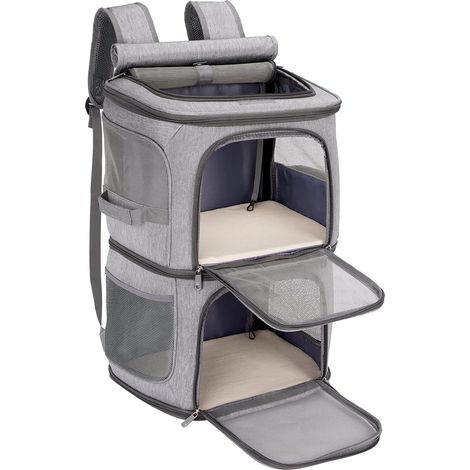 Sac à Dos pour 2 Chats jusqu'à 12kg, 2-en-1 avec séparateur Amovible, Gris (1/5)