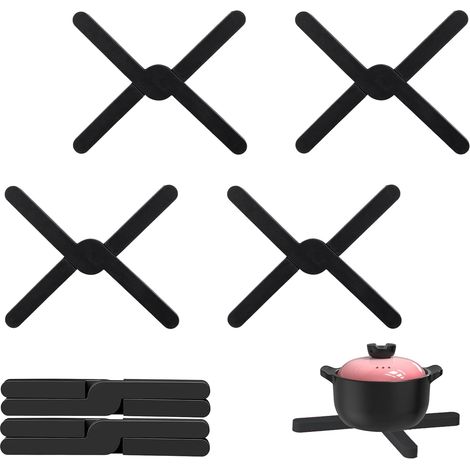 Set di 6 sottopentola in silicone, sottopentola pieghevoli resistenti al calore, sottopentola in silicone per pentole, padelle, ciotole calde (nero) (1/5)
