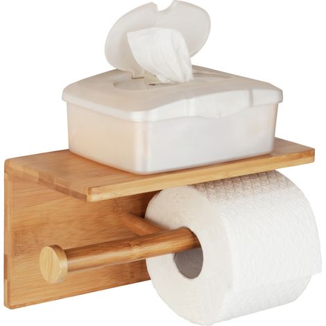 WENKO Portarotolo in legno di bambù Bambusa con supporto per smartphone, capacità di stoccaggio 2 rotoli, Bambù, 25x13x12 cm, Marrone