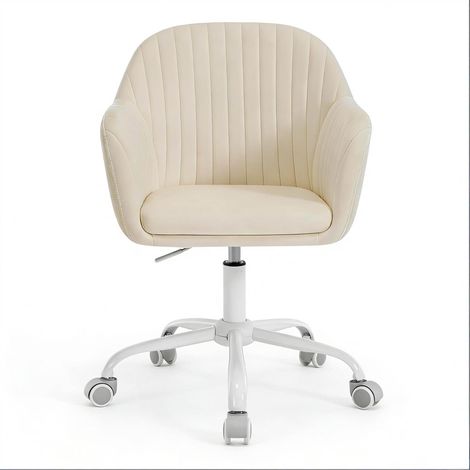 Chaise de bureau crème en velours avec dossier et base métal à roulettes (1/5)