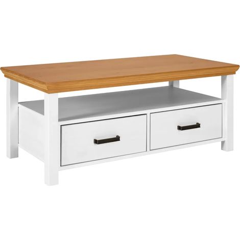 Tavolino da Caffè da Salotto in Legno Bianco Rovere 2 Cassetti Ripiano (1/5)