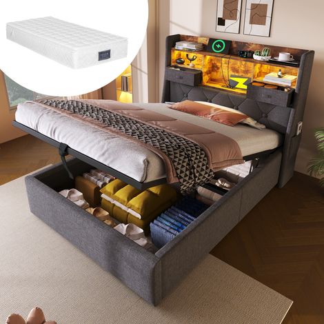 Lit rembourré 90x200 cm avec rangement hydraulique et tête de lit LED, 4 stations de charge (USB/Type-C), lit simple avec sommier à lattes, tissu en lin gris (avec matelas)