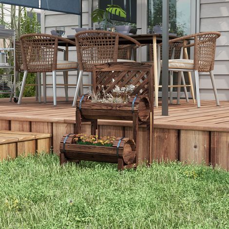 Jardinière en bois épicéa marron 2 niveaux 42x49x80 cm, avec trous d'évacuation et grille incluse pour extérieur (1/5)