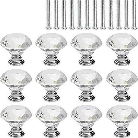KZQ 12 pomos de cristal para muebles, manijas para puertas de gabinetes, forma de diamante, vidrio transparente, base plateada (1/5)
