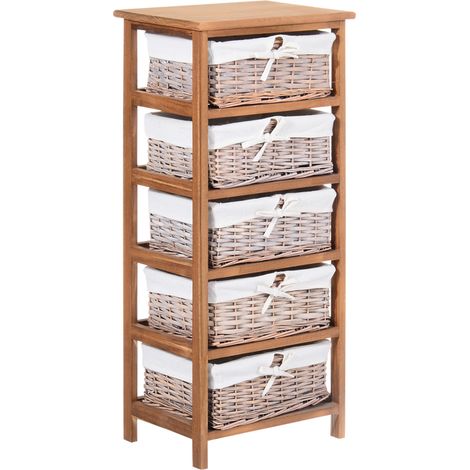5 Drawer Dresser Wicker Basket Storage Shelf Unit Wooden Frame Home Organisation Cabinet Bedroom Office Furniture Natural Finish
