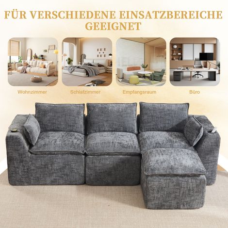Canapé 3 places modulaire avec pouf, coussins inclus, porte-verres et 2 poches latérales. Rembourrage mousse et ressorts. Idéal salon (tissu chenille gris). (1/5)